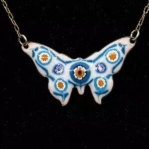 Vintage Art Deco Noveau Enamel Butterfly Animal Short Necklace 1920's 1930's